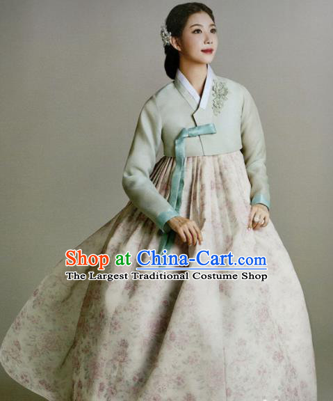 Korean Traditional Hanbok Princess Embroidered Green Blouse and Printing Dress Outfits Asian Korea Fashion Costume for Women