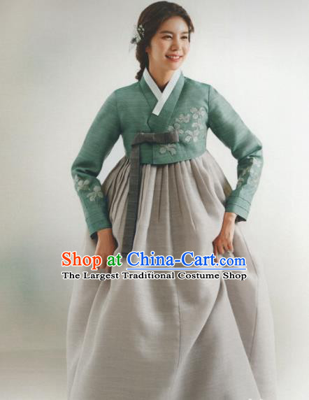 Korean Traditional Hanbok Wedding Mother Embroidered Green Blouse and Grey Dress Outfits Asian Korea Fashion Costume for Women