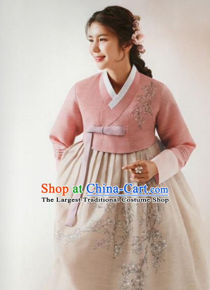 Korean Traditional Hanbok Wedding Mother Embroidered Pink Blouse and Beige Dress Outfits Asian Korea Fashion Costume for Women