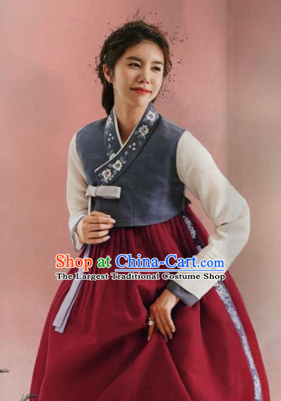 Korean Traditional Hanbok Wedding Bride Grey Blouse and Wine Red Dress Outfits Asian Korea Fashion Costume for Women