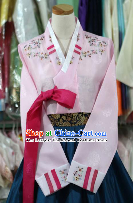 Korean Traditional Bride Garment Hanbok Embroidered Pink Blouse and Navy Dress Outfits Asian Korea Fashion Costume for Women