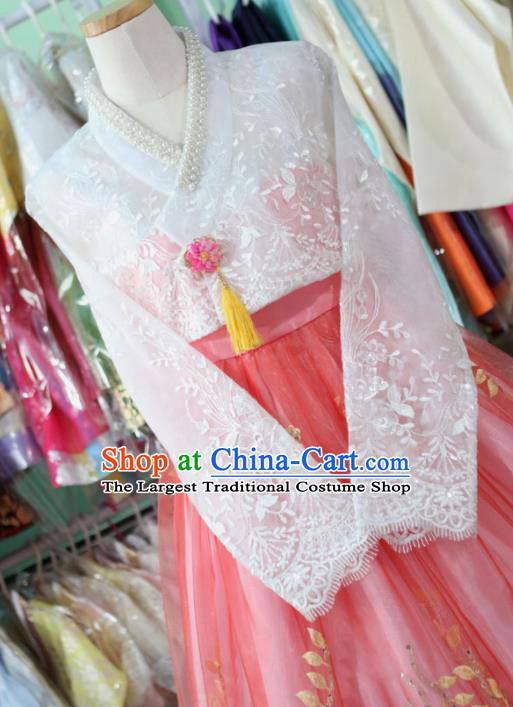 Korean Traditional Garment Bride Hanbok White Lace Blouse and Pink Dress Outfits Asian Korea Fashion Costume for Women