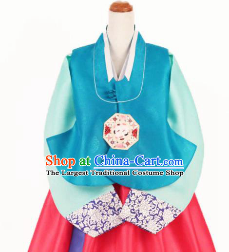 Korean Traditional Garment Bride Hanbok Embroidered Peony Blue Vest Asian Korea Fashion Costume for Women