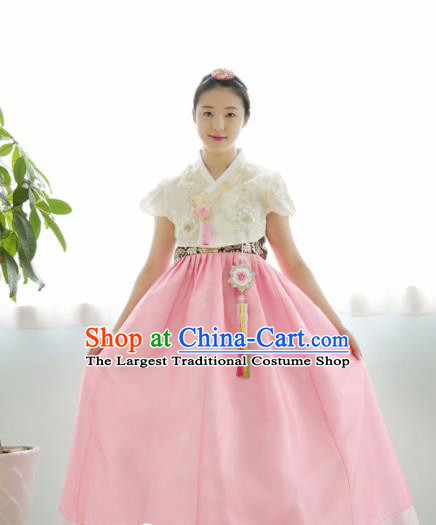 Korean Traditional Hanbok Garment White Blouse and Pink Dress Asian Korea Fashion Costume for Women