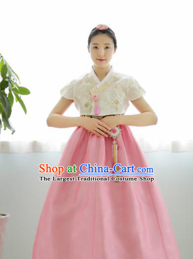 Korean Traditional Hanbok Garment White Blouse and Pink Dress Asian Korea Fashion Costume for Women