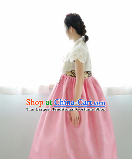 Korean Traditional Hanbok Garment White Blouse and Pink Dress Asian Korea Fashion Costume for Women