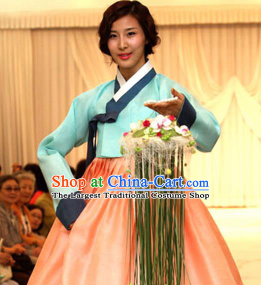 Korean Traditional Court Mother Hanbok Garment Blue Blouse and Orange Dress Asian Korea Fashion Costume for Women