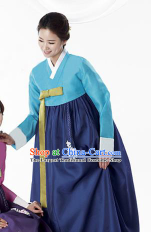 Korean Traditional Bride Mother Hanbok Blue Blouse and Navy Dress Garment Asian Korea Fashion Costume for Women