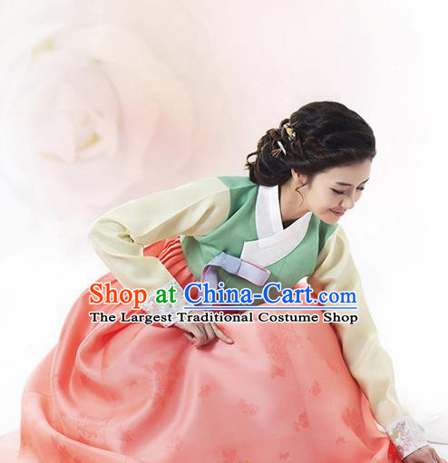 Korean Traditional Bride Mother Hanbok Light Green Blouse and Orange Dress Garment Asian Korea Fashion Costume for Women