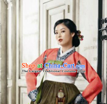 Korean Traditional Hanbok Garment Blouse and Olive Green Dress Asian Korea Fashion Costume for Women