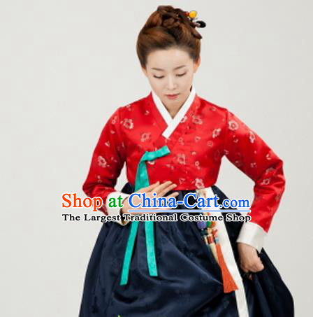 Korean Traditional Bride Court Hanbok Red Satin Blouse and Navy Dress Garment Asian Korea Fashion Costume for Women