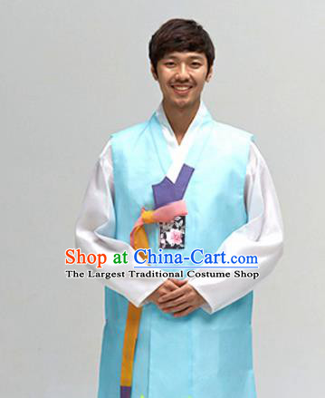 Korean Traditional Wedding Blue Long Vest and Pants Hanbok Asian Korea Bridegroom Fashion Costume for Men