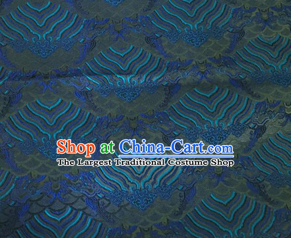 Asian Chinese Classical Wave Cliff Pattern Design Blue Brocade Jacquard Fabric Traditional Cheongsam Silk Material