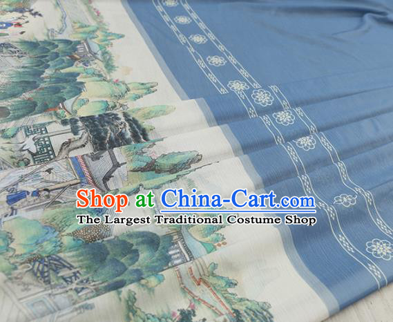 Asian Chinese Classical Printing Dream of the Red Chamber Pattern Design Blue Silk Fabric Traditional Hanfu Brocade Material