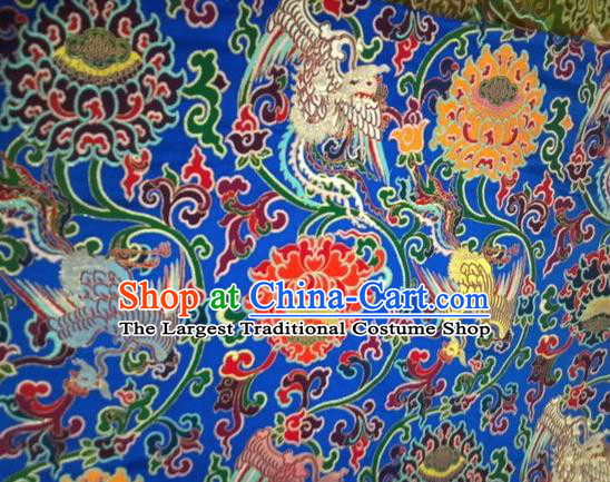 Asian Chinese Classical Phoenix Lotus Pattern Design Blue Silk Fabric Traditional Nanjing Brocade Material