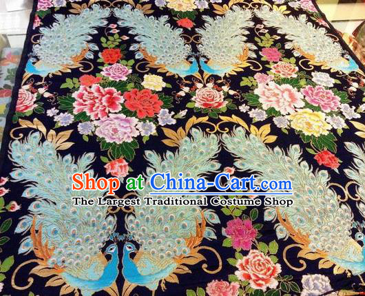 Asian Chinese Classical Peacock Peony Pattern Design Black Silk Fabric Traditional Nanjing Brocade Material