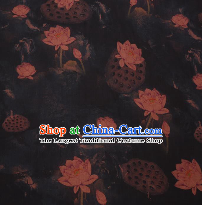 Asian Chinese Classical Lotus Pattern Design Black Watered Gauze Fabric Traditional Silk Material
