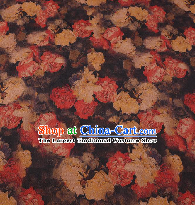 Asian Chinese Classical Roses Pattern Design Brown Watered Gauze Fabric Traditional Silk Material