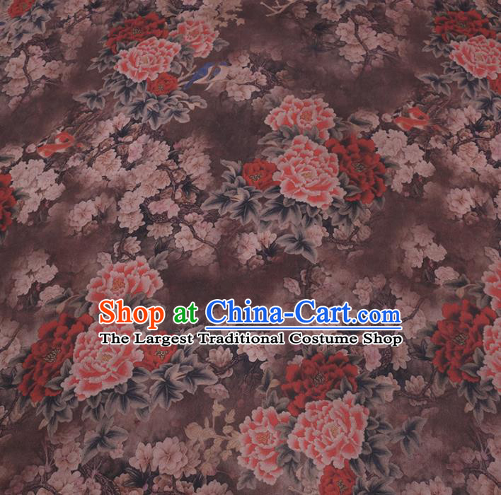 Chinese Cheongsam Classical Peony Pear Flowers Pattern Design Brown Watered Gauze Fabric Asian Traditional Silk Material