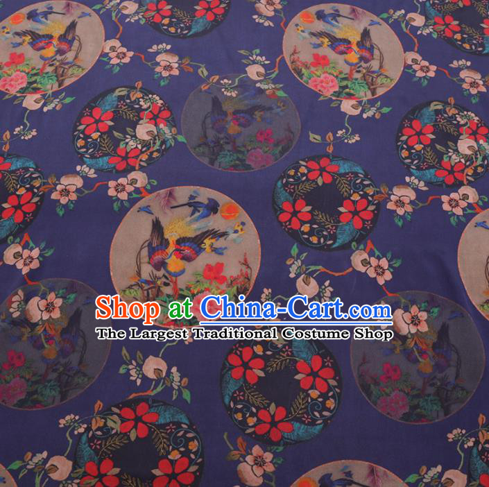Chinese Cheongsam Classical Magpie Peony Pattern Design Deep Blue Watered Gauze Fabric Asian Traditional Silk Material