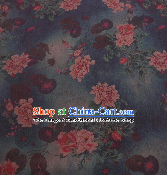 Chinese Cheongsam Classical Peony Pattern Design Deep Blue Watered Gauze Fabric Asian Traditional Silk Material
