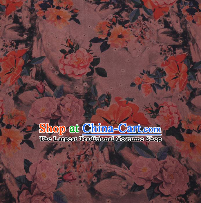 Chinese Cheongsam Classical Camellia Pattern Design Khaki Watered Gauze Fabric Asian Traditional Silk Material