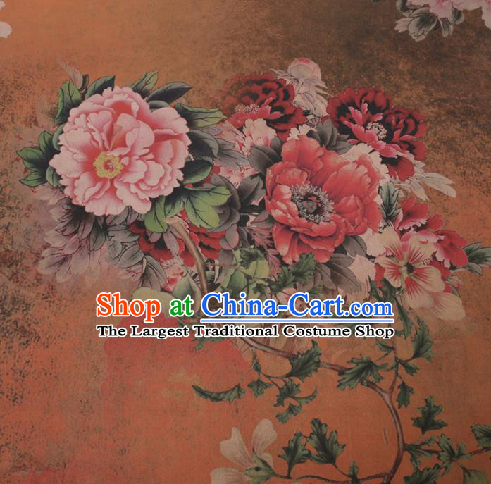 Chinese Cheongsam Classical Peony Pattern Design Orange Watered Gauze Fabric Asian Traditional Silk Material