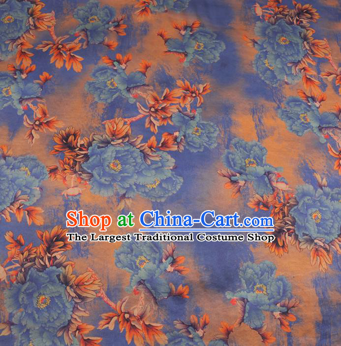 Chinese Cheongsam Classical Blue Peony Pattern Design Yellow Watered Gauze Fabric Asian Traditional Silk Material