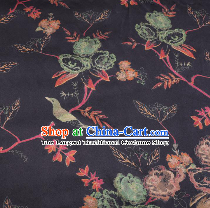 Chinese Cheongsam Classical Flowers Birds Pattern Design Black Watered Gauze Fabric Asian Traditional Silk Material