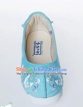 Chinese Traditional Handmade Blue Embroidered Shoes Opera Shoes Hanfu Shoes Ancient Princess Shoes for Women