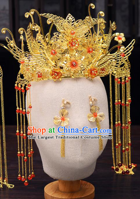 Chinese Traditional Wedding Tassel Golden Hair Crown Handmade Bride Hair Accessories for Women