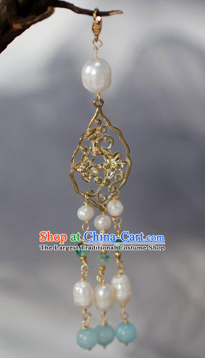 Chinese Traditional Ming Dynasty Pearls Tassel Golden Pendant Handmade Ancient Princess Jewelry Accessories for Women