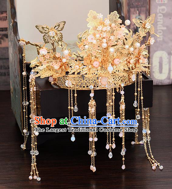 Chinese Traditional Wedding Queen Golden Butterfly Hair Crown Hairpins Handmade Bride Hair Accessories for Women