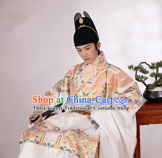 Traditional Chinese Hanfu Court White Brocade Imperial Robe Ancient Ming Dynasty Emperor Historical Costumes for Men