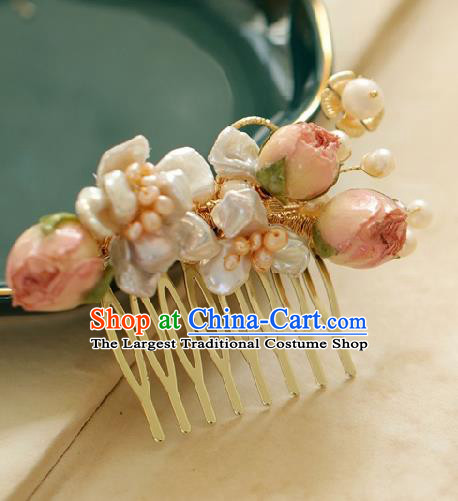 Chinese Handmade Ming Dynasty Princess Pink Flowers Hair Comb Hairpins Ancient Hanfu Hair Accessories for Women