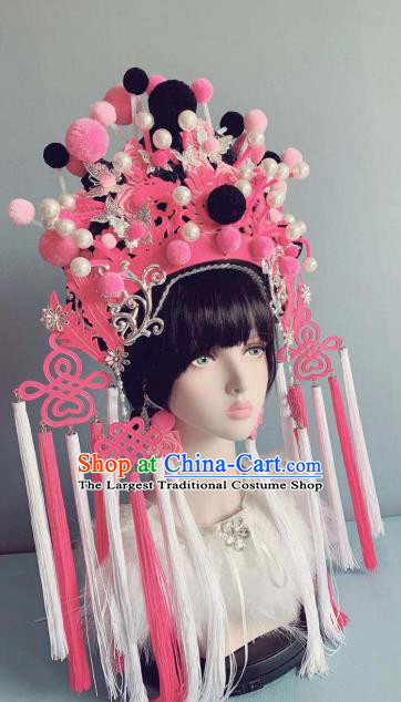 Chinese Handmade Classical Rosy Velvet Phoenix Coronet Hat Ancient Empress Hanfu Hair Accessories for Women