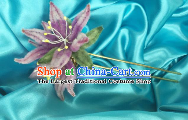 Chinese Traditional Hanfu Qing Dynasty Court Lilac Velvet Flower Hairpins Handmade Ancient Royal Princess Hair Accessories for Women