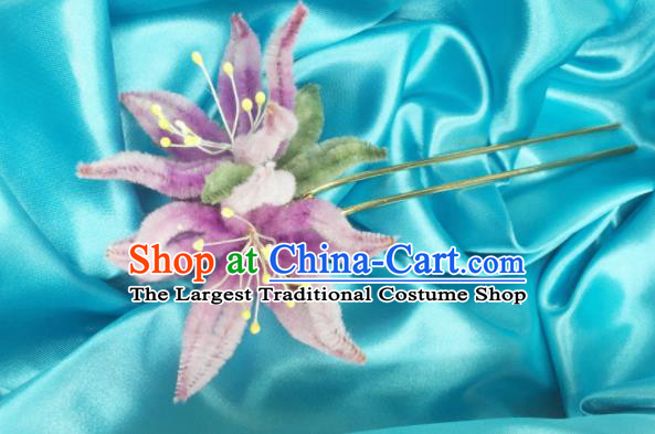 Chinese Traditional Hanfu Qing Dynasty Court Lilac Velvet Flower Hairpins Handmade Ancient Royal Princess Hair Accessories for Women
