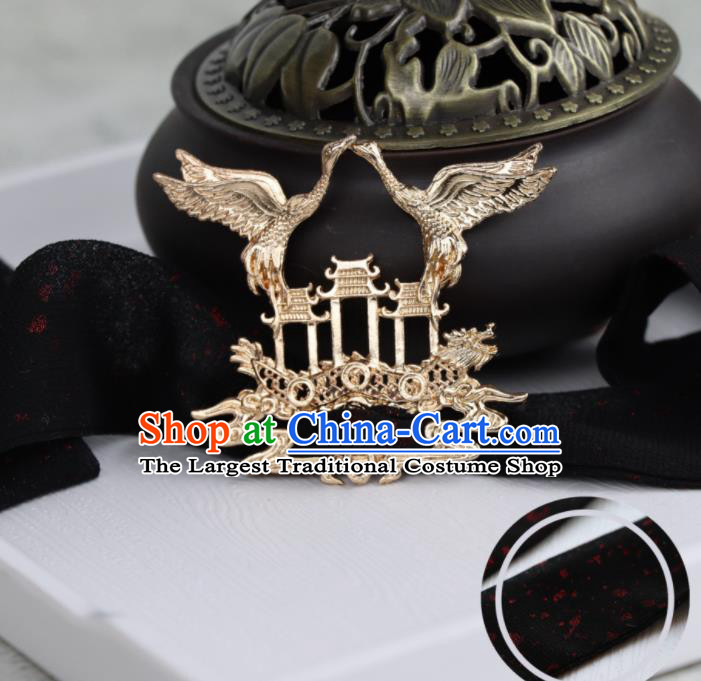 Chinese Traditional Hanfu Black Ribbon Hairband Handmade Ancient Swordsman Crane Hair Accessories for Men