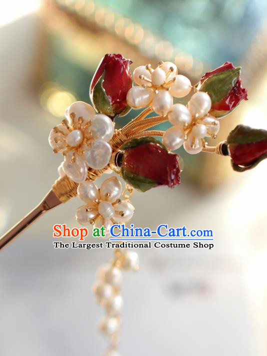Chinese Handmade Ming Dynasty Princess Red Flower Pearls Hairpins Ancient Hanfu Hair Accessories for Women