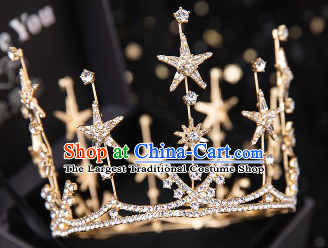 Top Handmade Wedding Bride Crystal Star Round Golden Royal Crown Baroque Princess Hair Accessories for Women