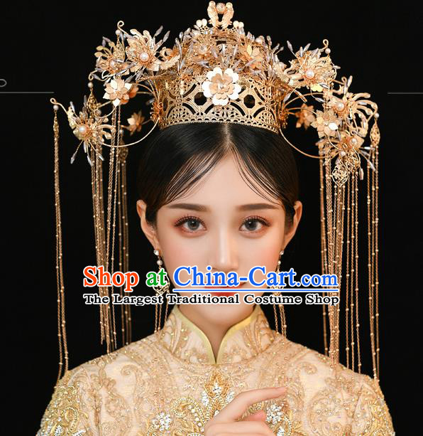 Traditional Chinese Handmade Golden Tassel Hair Crown Hairpins Ancient Bride Hair Accessories for Women