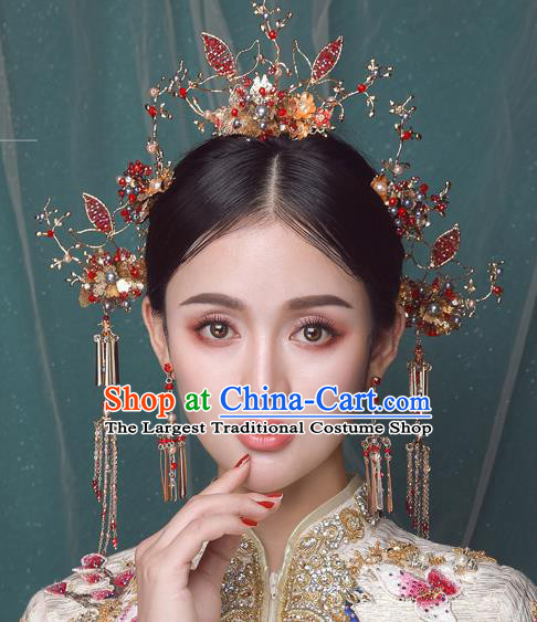 Traditional Chinese Wedding Red Beads Leaf Phoenix Coronet Hairpins Handmade Ancient Bride Hair Accessories for Women