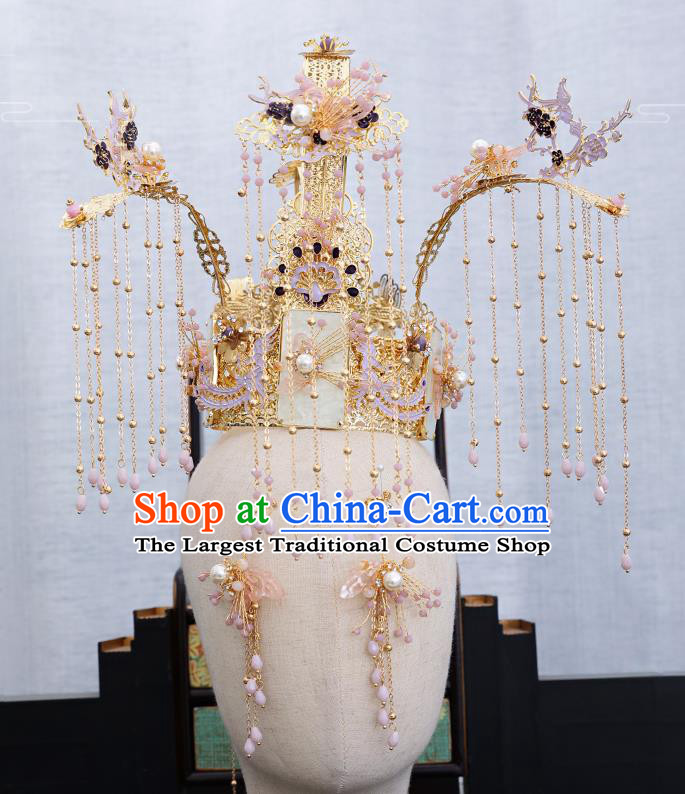 Traditional Chinese Wedding Jade Phoenix Coronet Hairpins Handmade Ancient Bride Hair Accessories for Women