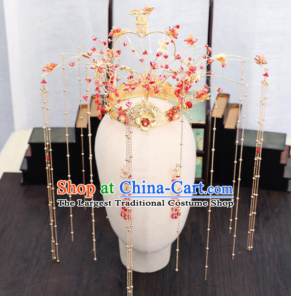 Traditional Chinese Wedding Red Beads Phoenix Coronet Hairpins Handmade Ancient Bride Hair Accessories for Women