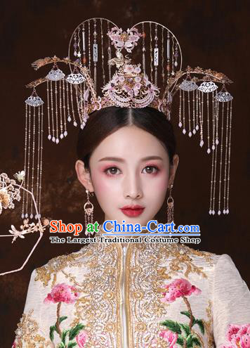 Traditional Chinese Wedding Purple Butterfly Phoenix Coronet Hairpins Handmade Ancient Bride Hair Accessories for Women