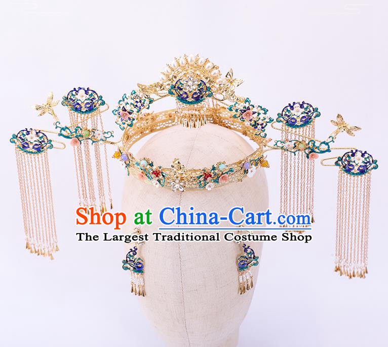 Traditional Chinese Wedding Cloisonne Phoenix Coronet Hairpins Handmade Ancient Bride Hair Accessories for Women