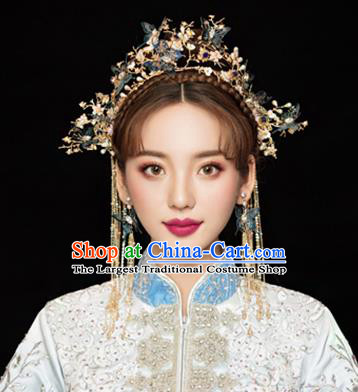 Traditional Chinese Wedding Blue Butterfly Hair Crown Hairpins Handmade Ancient Bride Hair Accessories for Women