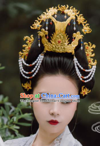 Traditional Chinese Tang Dynasty Empress Pearls Phoenix Coronet Hairpins Handmade Ancient Queen Hair Accessories for Women