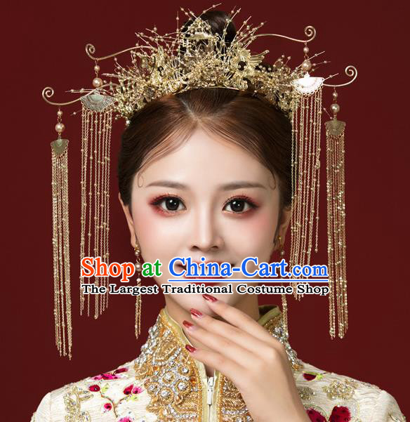Traditional Handmade Chinese Golden Tassel Hair Crown Hairpins Ancient Bride Hair Accessories for Women
